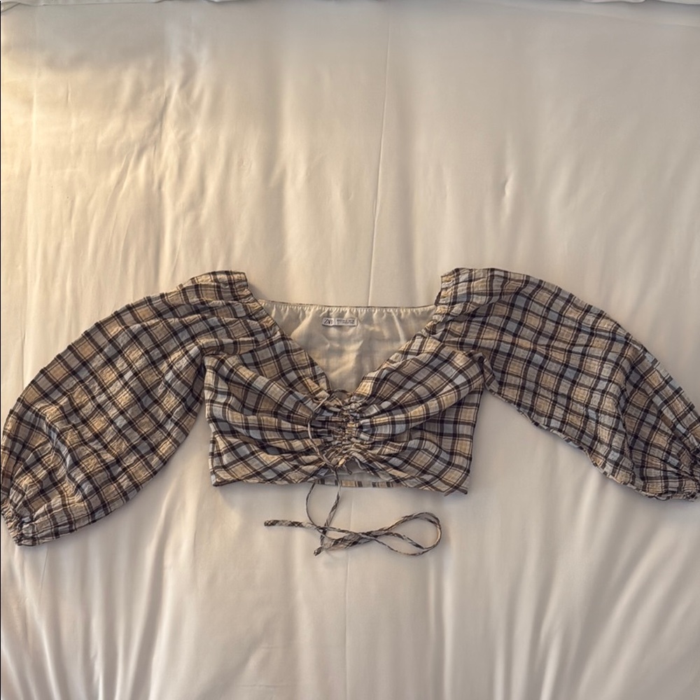 Zara Plaid Puff Sleeve Crop Top